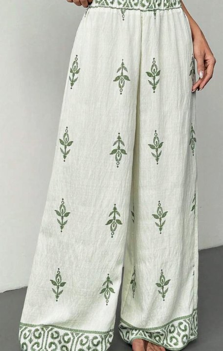SHEIN PETITE Women's Print Wide Leg Pants, Summer