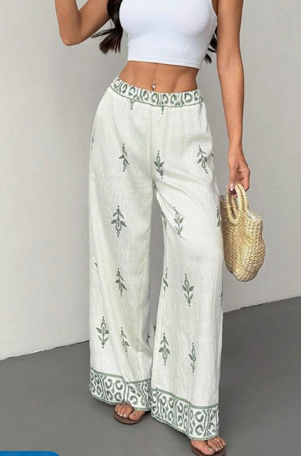 SHEIN PETITE Women's Print Wide Leg Pants, Summer